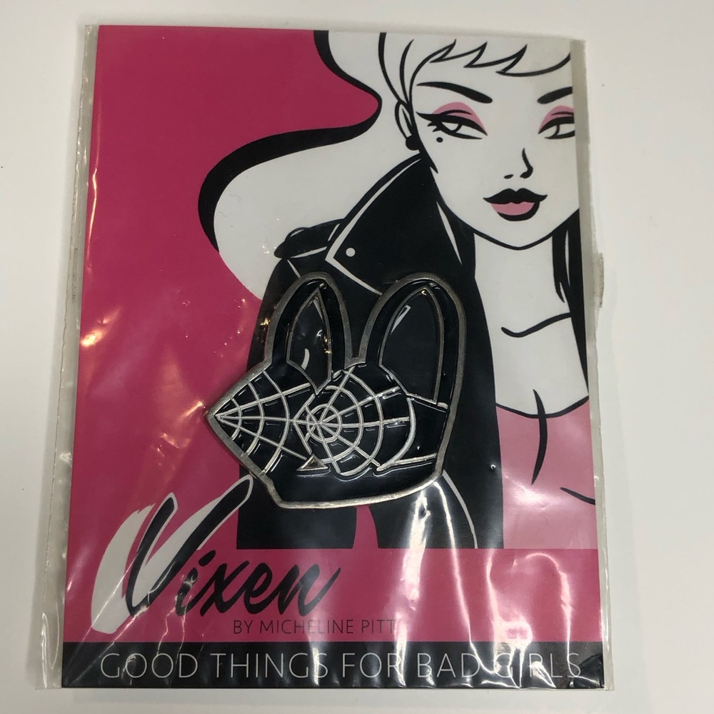 Vixen by Micheline Pitt enamel pin black spiderweb bullet bra